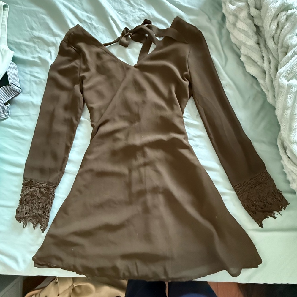 Forrest green boho a line dress with lace cuffs